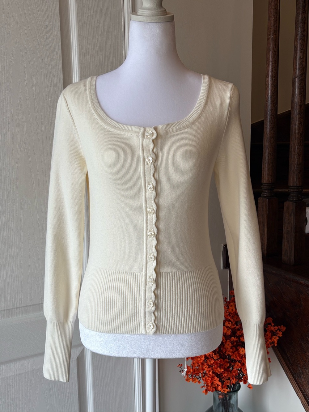 Cream Scoop Neck Rib-Hem Button front Top
